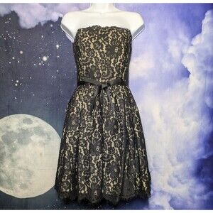 Black Lace Strapless Cocktail Dress Nude Lining Gothic Glam Princess Size 8